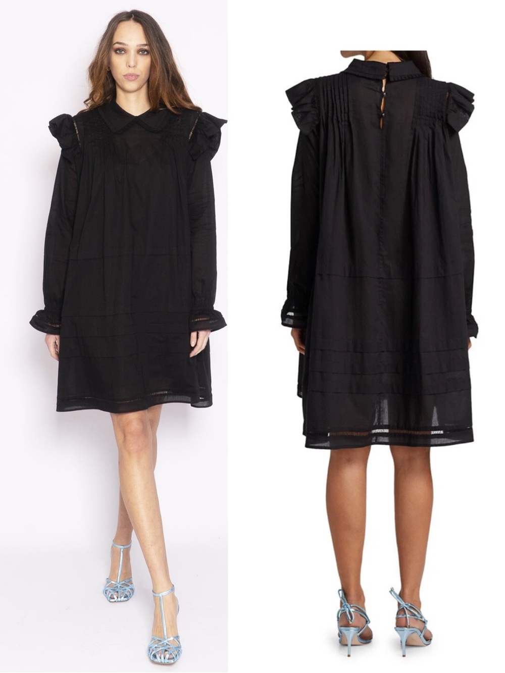 Munthe Black Cotton Dress Size 10 Ruffle Sleeve Collar Loose Fit Chic Elegant